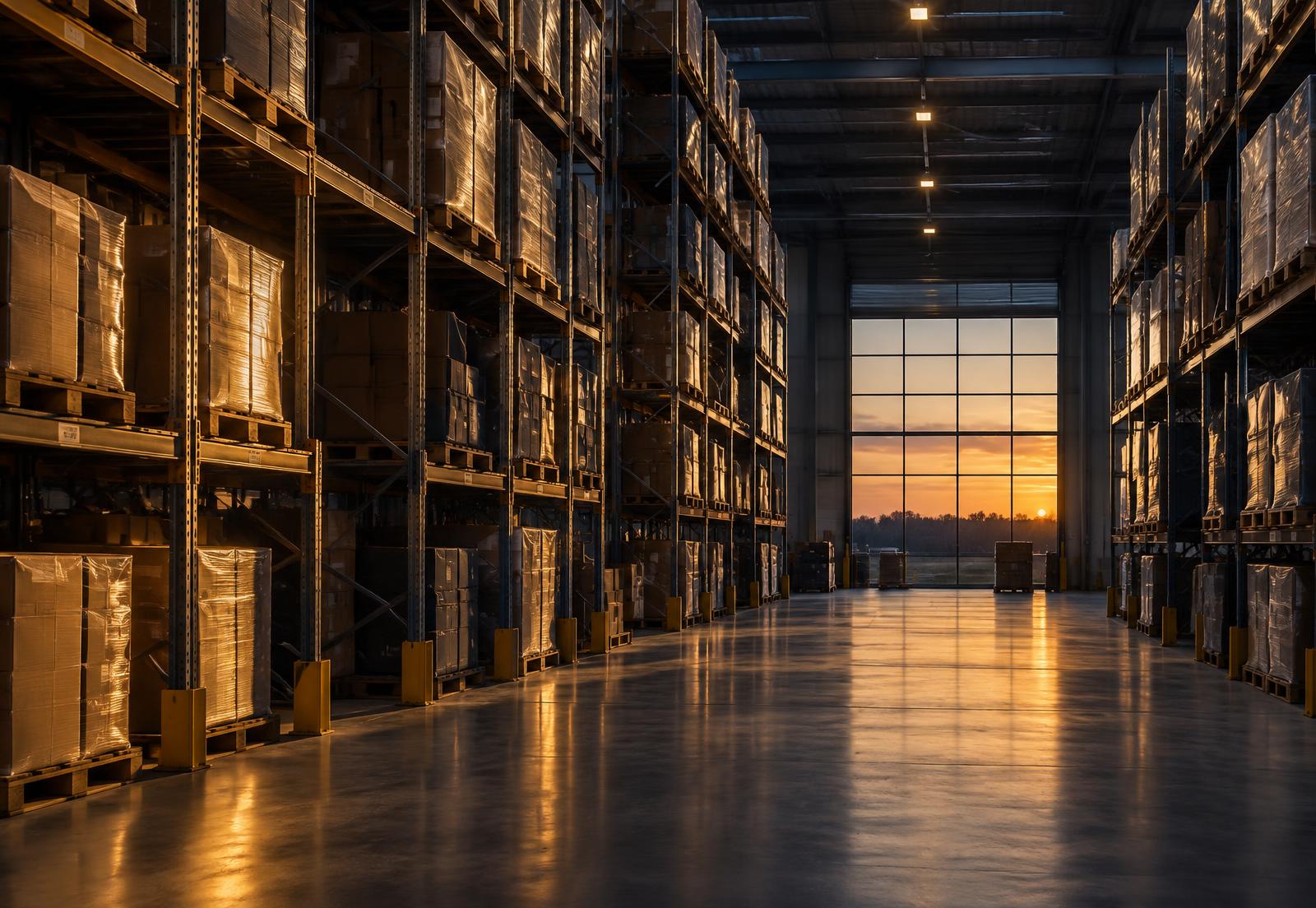 Organized warehouse racking at dusk, representing well-managed inventory and operations